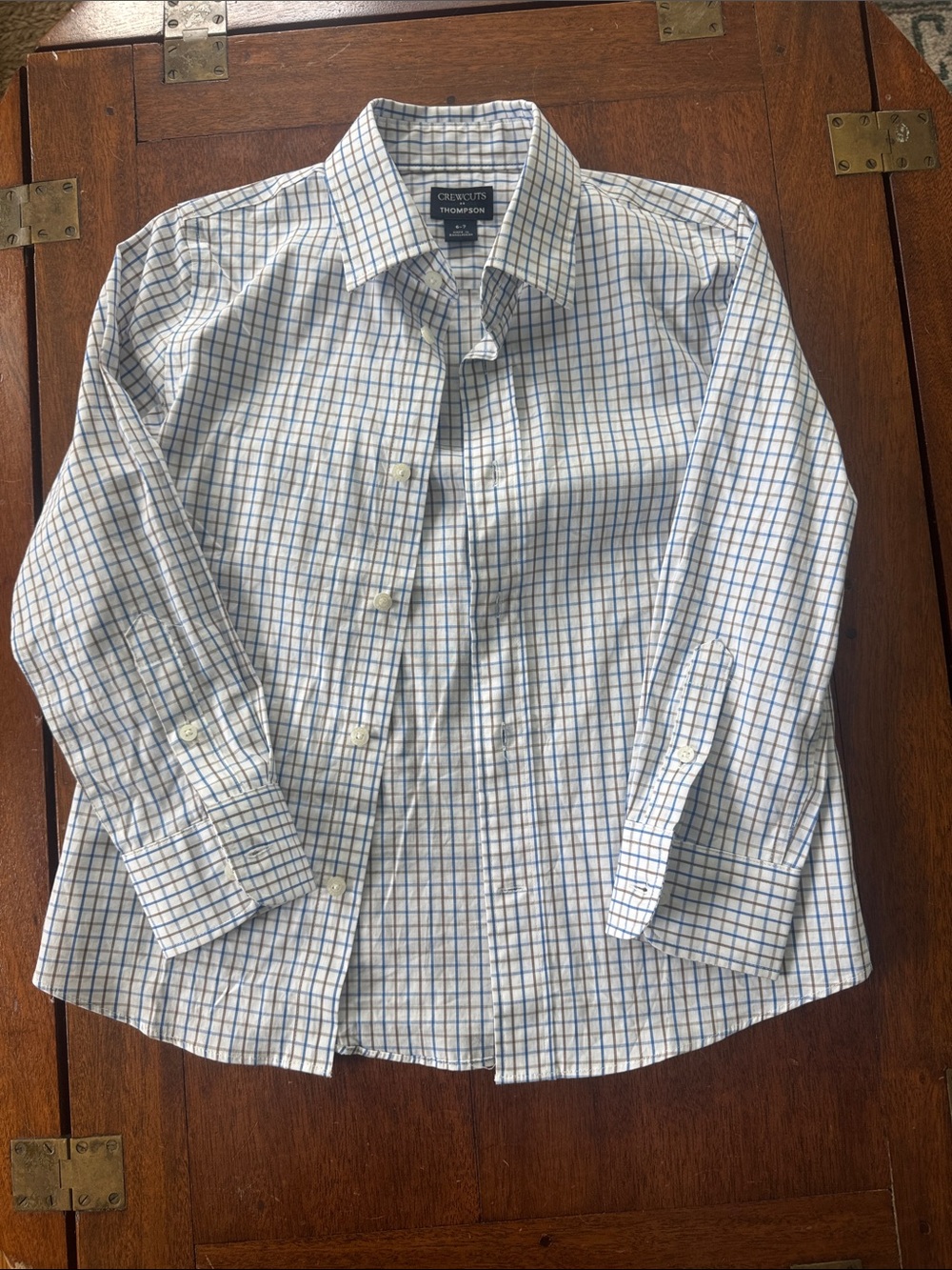 Crewcuts White Button-Down Shirt with Blue and Brown Windowpane Plaid